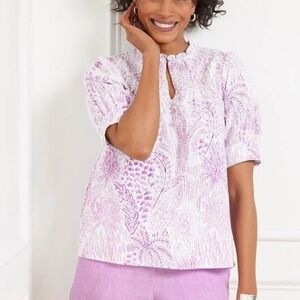 Talbots Linen Blend Smocked Blouse Top Purple White Blissful Meadow Size Large